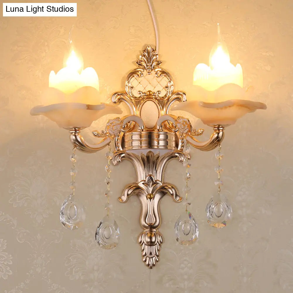Rustic Bud Wall Light With Ruffle Glass And Crystal Draping In Weathered Zinc - Vintage Mount