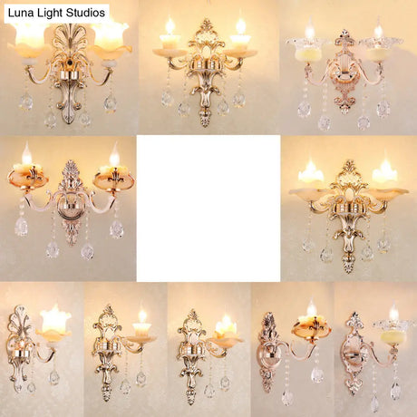 Rustic Bud Wall Light With Ruffle Glass And Crystal Draping In Weathered Zinc - Vintage Mount