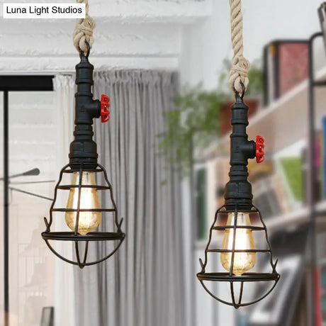 Rustic Caged Pendant Light - Black Metal Hanging With Pipe & Rope Cord Ideal For Bars