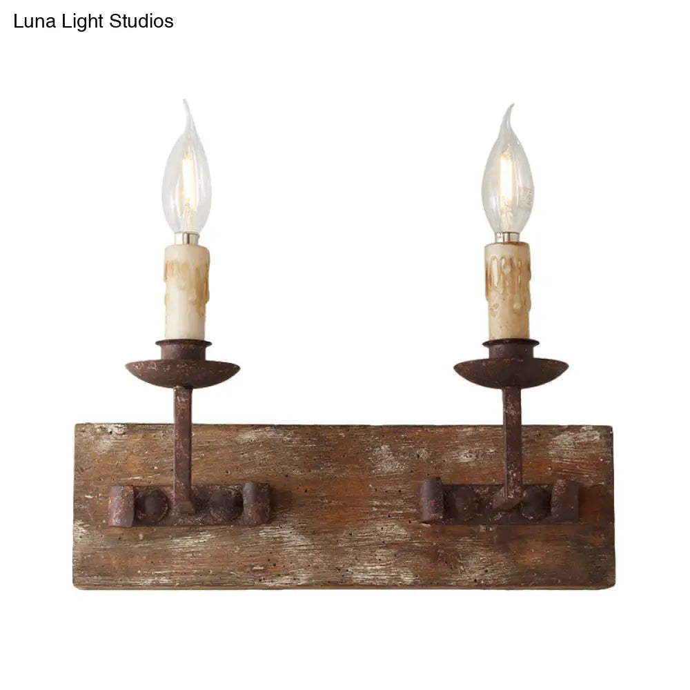 Rustic Candelabra Wall Light Fixture - 1/2/3-Bulb Metallic Lamp In Brown With Wood Backplate