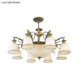 Rustic Carillon Chandelier Lighting - 11-Head White Glass Fixture In Brass