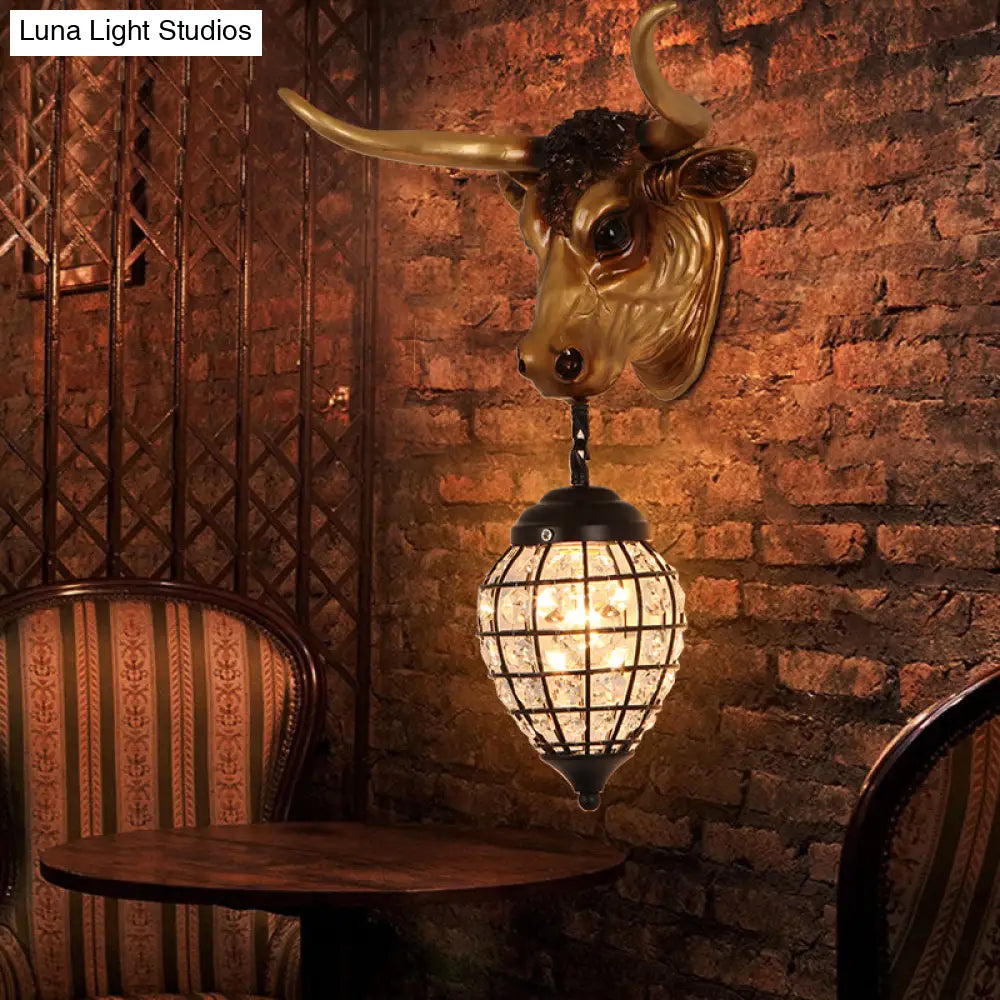 Rustic Cattle Sconce Light Fixture - 1-Light Resin Wall Mount In Brown With Water Drop/Globe Crystal