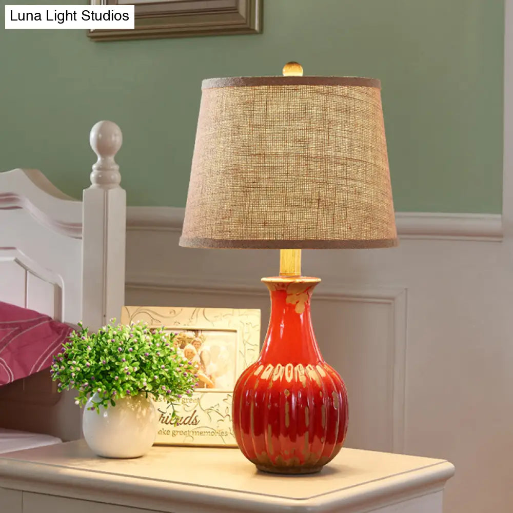 Rustic Ceramic Night Light: 1-Light Red/Blue Vase Lamp For Bedroom Nightstand With Stylish Fabric