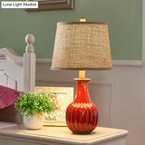 Rustic Ceramic Night Light: 1-Light Red/Blue Vase Lamp For Bedroom Nightstand With Stylish Fabric