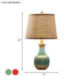 Rustic Ceramic Night Light: 1-Light Red/Blue Vase Lamp For Bedroom Nightstand With Stylish Fabric