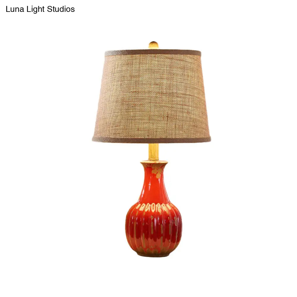 Rustic Ceramic Night Light: 1-Light Red/Blue Vase Lamp For Bedroom Nightstand With Stylish Fabric