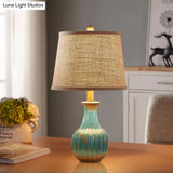 Rustic Ceramic Night Light: 1-Light Red/Blue Vase Lamp For Bedroom Nightstand With Stylish Fabric