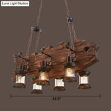 Rustic Clear Glass Island Pendant Light With Wooden Fish Design - Brown Caged 6-Bulb Hanging