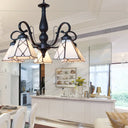 Rustic Cone Pendant Light With Gooseneck Rhombus/Leaf Pattern - 5 Lights Stained Glass Chandelier
