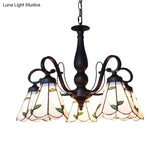 Rustic Cone Pendant Light With Gooseneck Rhombus/Leaf Pattern - 5 Lights Stained Glass Chandelier