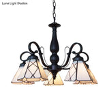 Rustic Cone Pendant Light With Gooseneck Rhombus/Leaf Pattern - 5 Lights Stained Glass Chandelier