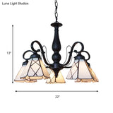 Rustic Cone Pendant Light With Gooseneck Rhombus/Leaf Pattern - 5 Lights Stained Glass Chandelier