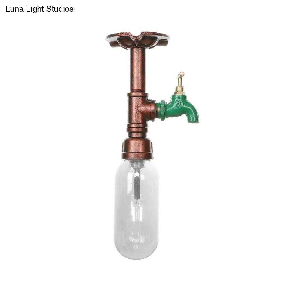 Rustic Copper Single Light Industrial Ceiling Fixture With Clear Glass Capsule Shade And Pipe Design