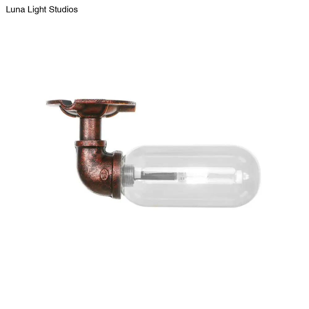Rustic Copper Single Light Industrial Ceiling Fixture With Clear Glass Capsule Shade And Pipe Design