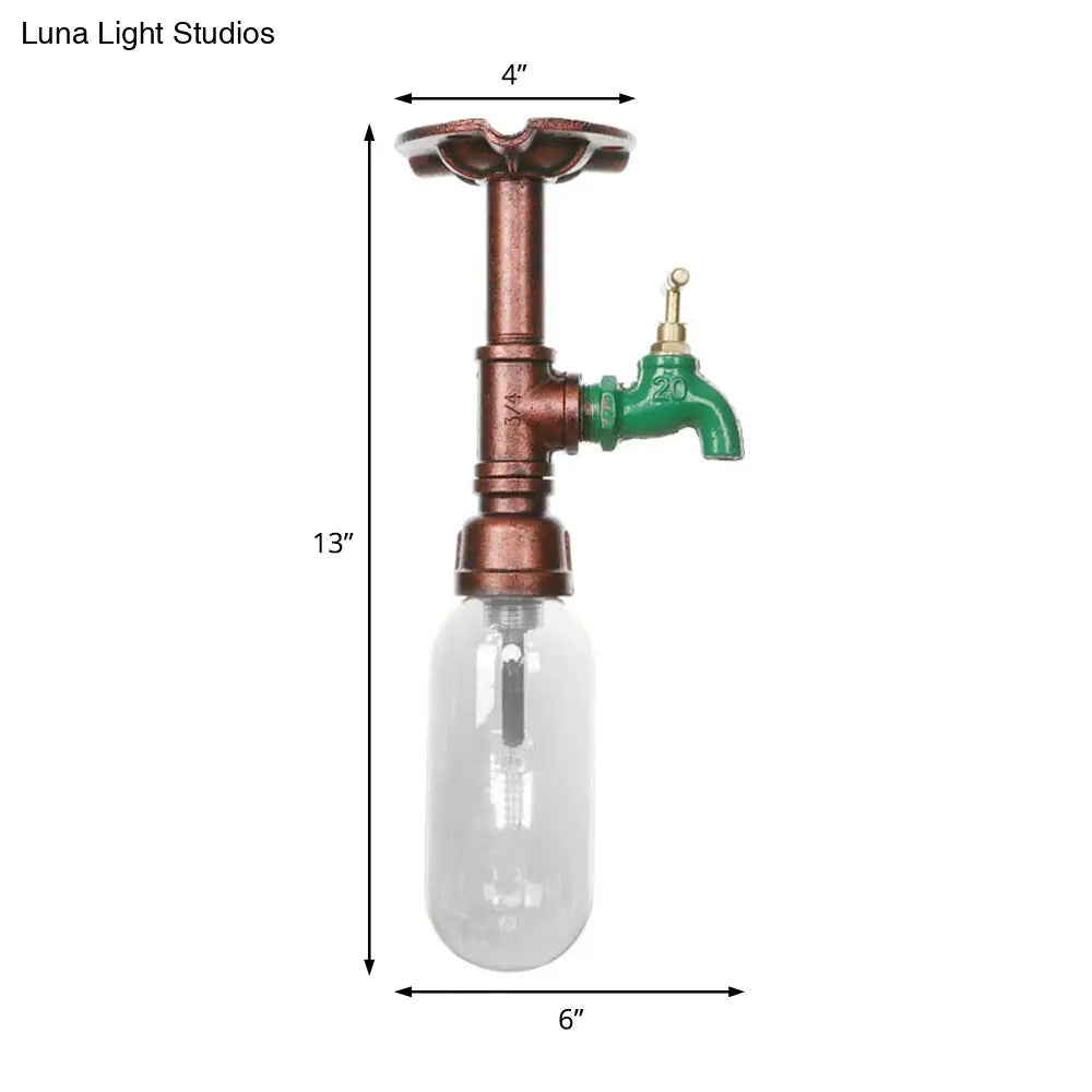 Rustic Copper Single Light Industrial Ceiling Fixture With Clear Glass Capsule Shade And Pipe Design