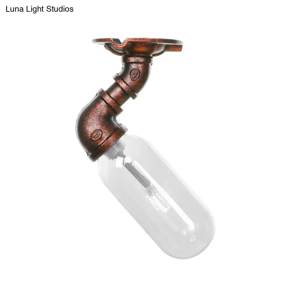 Rustic Copper Single Light Industrial Ceiling Fixture With Clear Glass Capsule Shade And Pipe Design