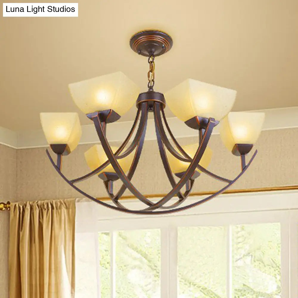 Rustic Copper Suspension Light With Bowl Shade - Frost Glass Chandelier For Living Room