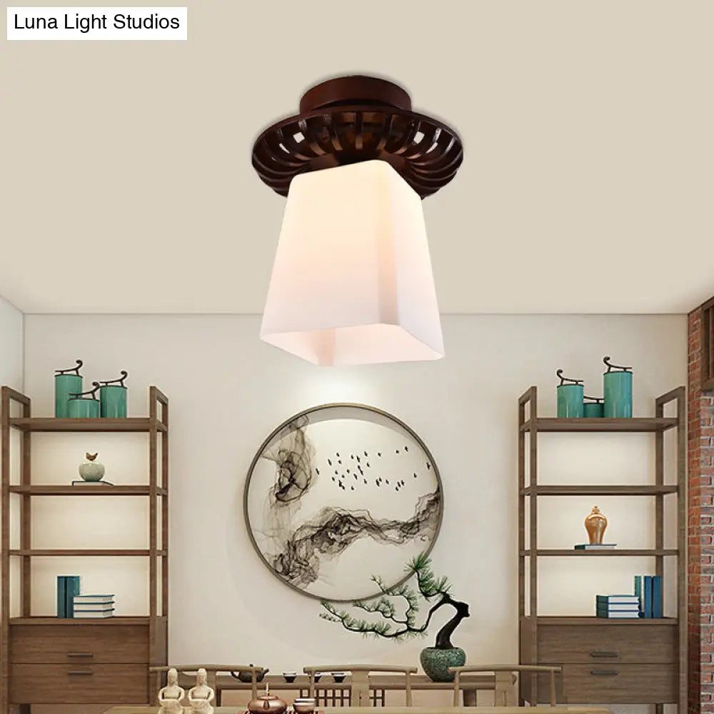 Rustic Cream Glass Flush Mount Ceiling Light With Wood Frame - Brown Globe/Square Design