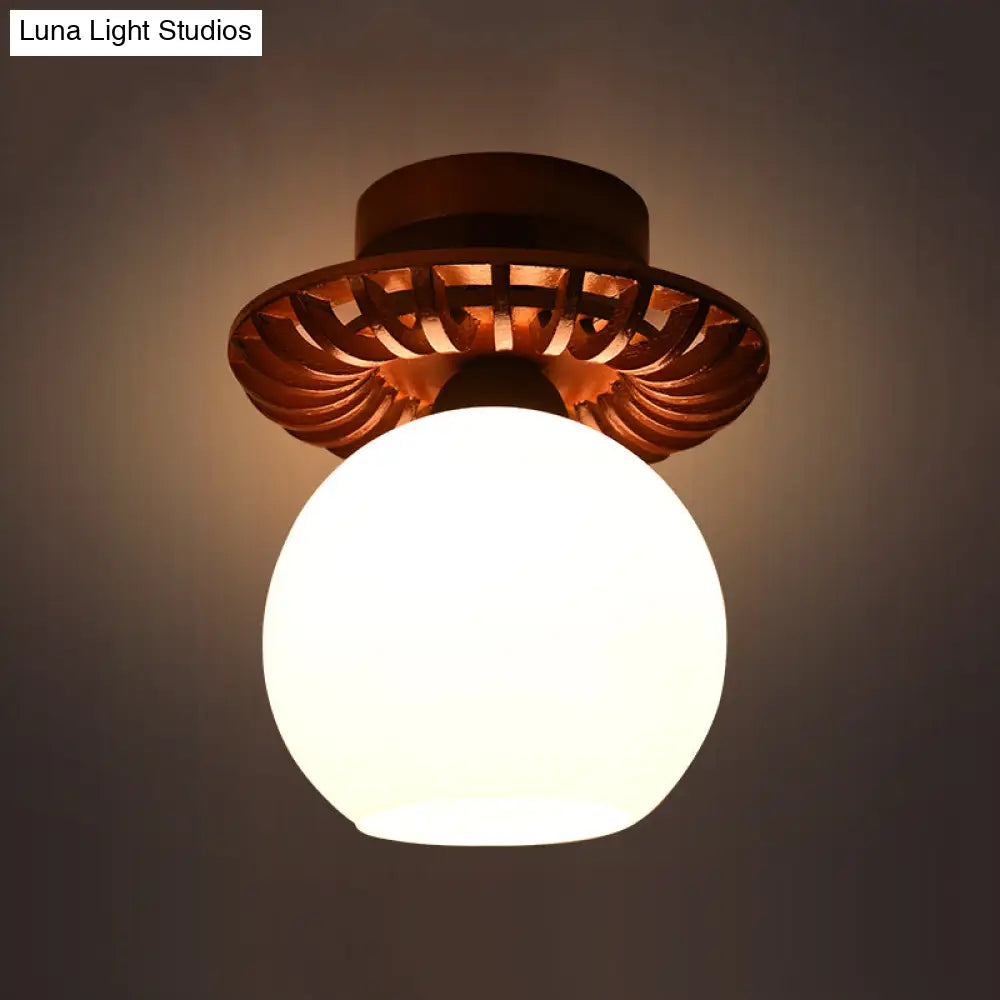 Rustic Cream Glass Flush Mount Ceiling Light With Wood Frame - Brown Globe/Square Design