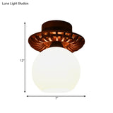Rustic Cream Glass Flush Mount Ceiling Light With Wood Frame - Brown Globe/Square Design