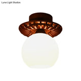 Rustic Cream Glass Flush Mount Ceiling Light With Wood Frame - Brown Globe/Square Design