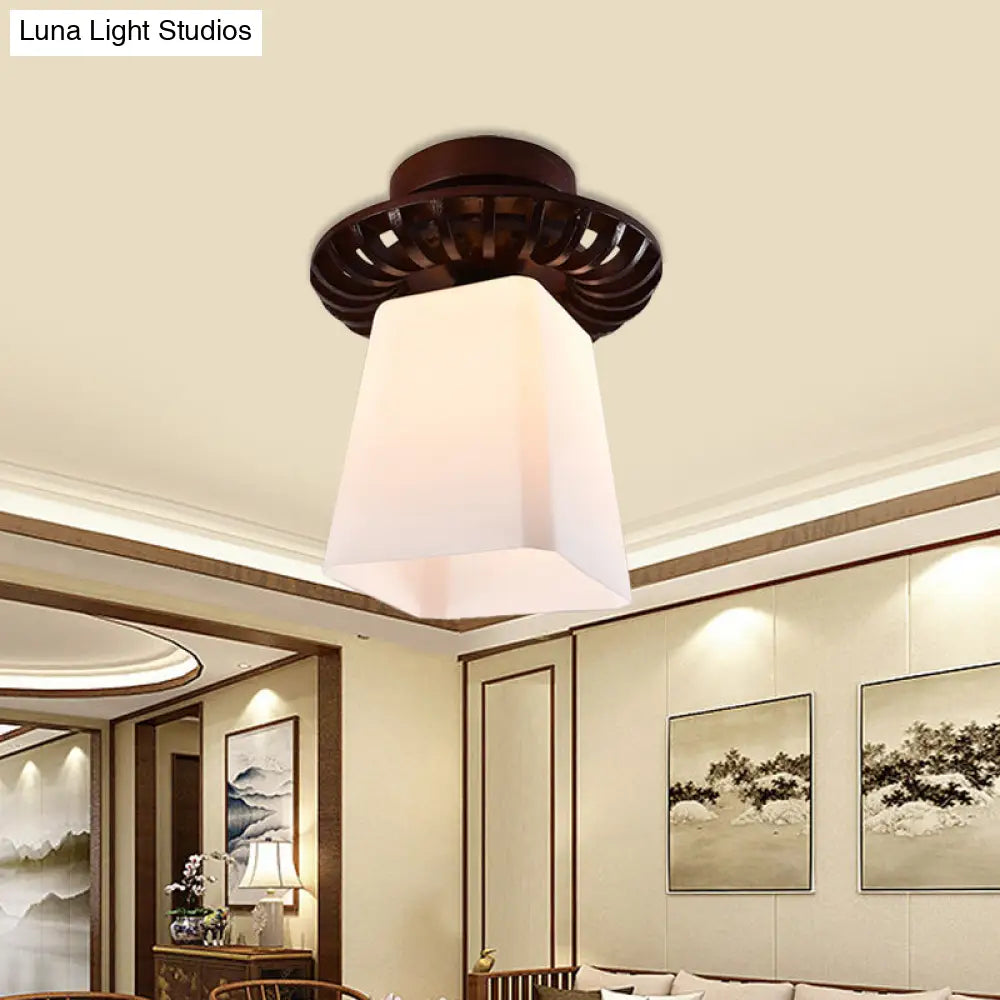 Rustic Cream Glass Flush Mount Ceiling Light With Wood Frame - Brown Globe/Square Design