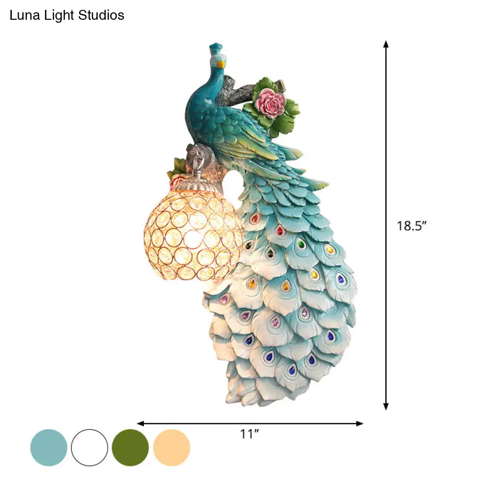 Rustic Crystal Ball Sconce: Peacock & Rose Decor Single Bulb Wall Mounted Light In White/Blue/Green