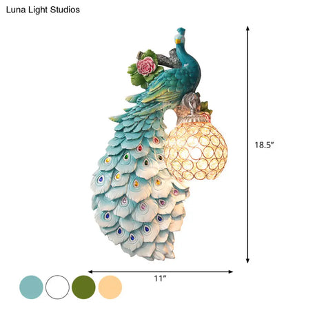 Rustic Crystal Ball Sconce: Peacock & Rose Decor Single Bulb Wall Mounted Light In White/Blue/Green