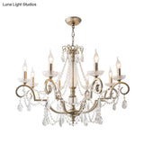 Rustic Crystal Candle Chandelier: Aged Silver Living Room Light With Swirled Arm