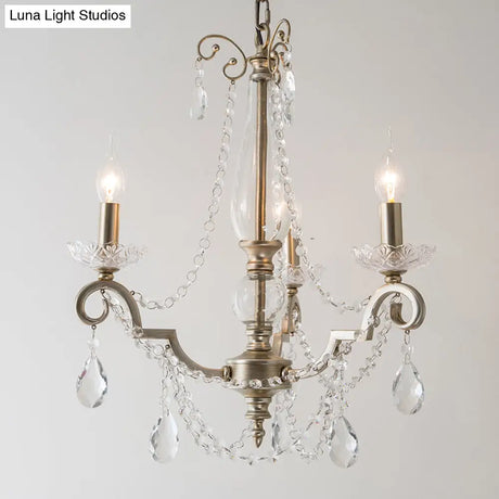 Rustic Crystal Candle Chandelier: Aged Silver Living Room Light With Swirled Arm