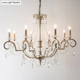 Rustic Crystal Candle Chandelier: Aged Silver Living Room Light With Swirled Arm