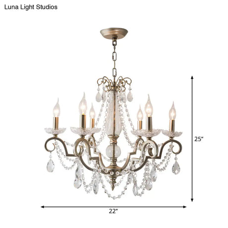 Rustic Crystal Candle Chandelier: Aged Silver Living Room Light With Swirled Arm