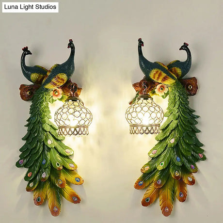 Rustic Crystal-Encrusted Lantern Wall Lamp: Multicolored Peacock Deco 1-Light Sconce For Living Room