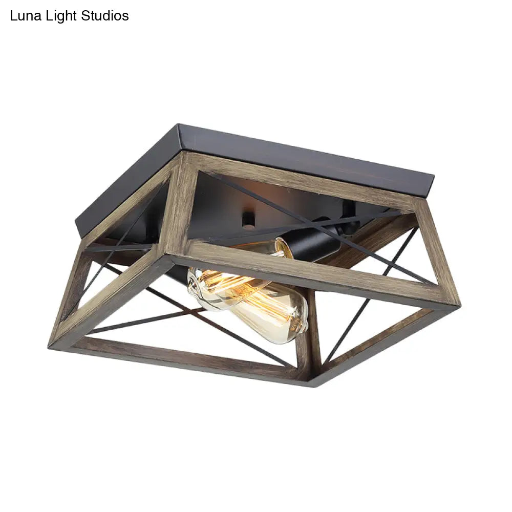 Rustic Cuboid Wood Frame Ceiling Lamp - 2-Light Brown Flush Mount Fixture