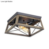 Rustic Cuboid Wood Frame Ceiling Lamp - 2-Light Brown Flush Mount Fixture