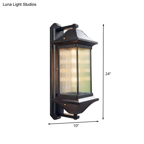 Rustic Dark Coffee Cuboid Sconce Lamp Wall Mounted With Clear Ribbed Glass - 1 Bulb 9/10 Wide