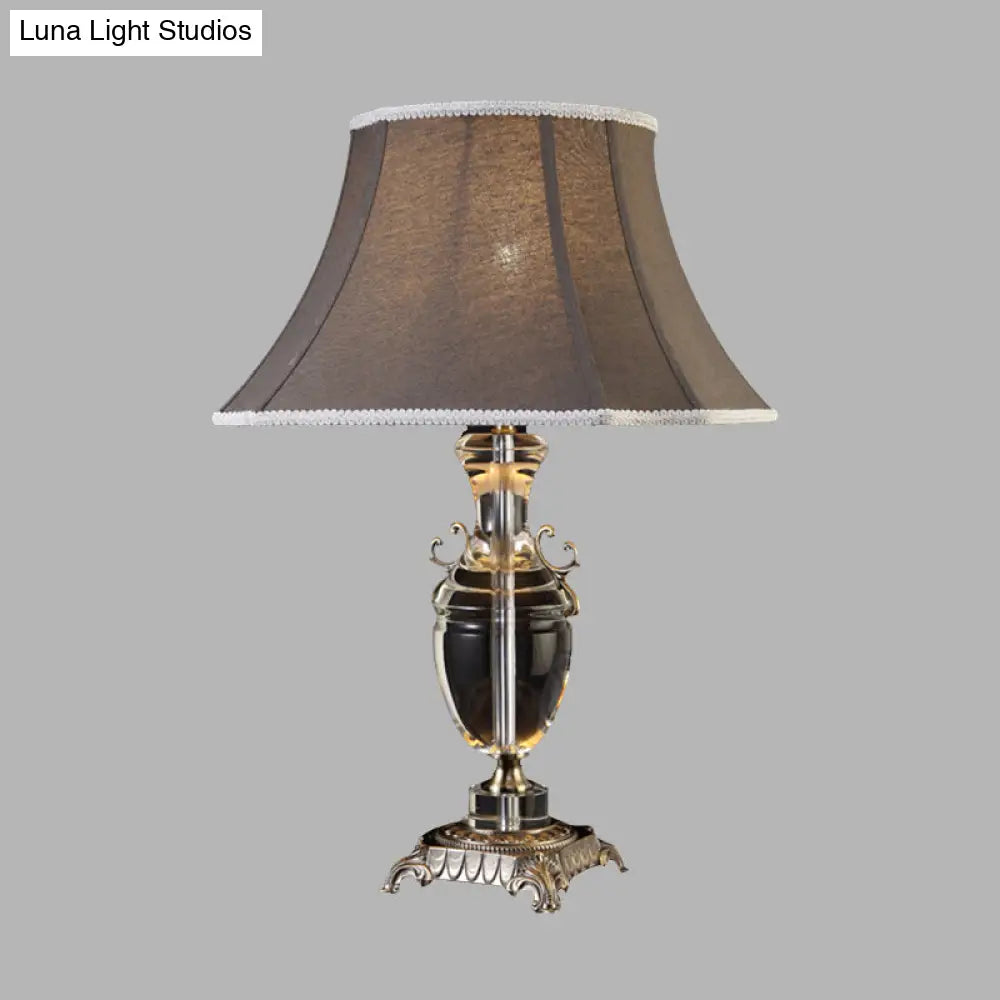 Rustic Dark Gray Fabric Tapered Table Lamp With Crystal Accent - Single Bulb Night Light For Bedroom