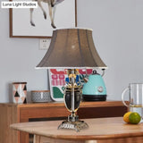 Rustic Dark Gray Fabric Tapered Table Lamp With Crystal Accent - Single Bulb Night Light For Bedroom