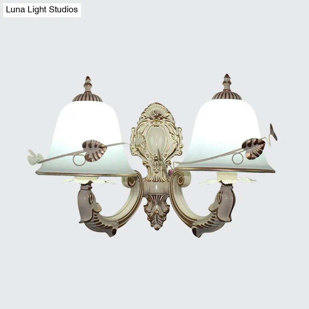 Rustic Distressed White Wall Sconce With Frosted Glass Bell Shade - Perfect For Living Room