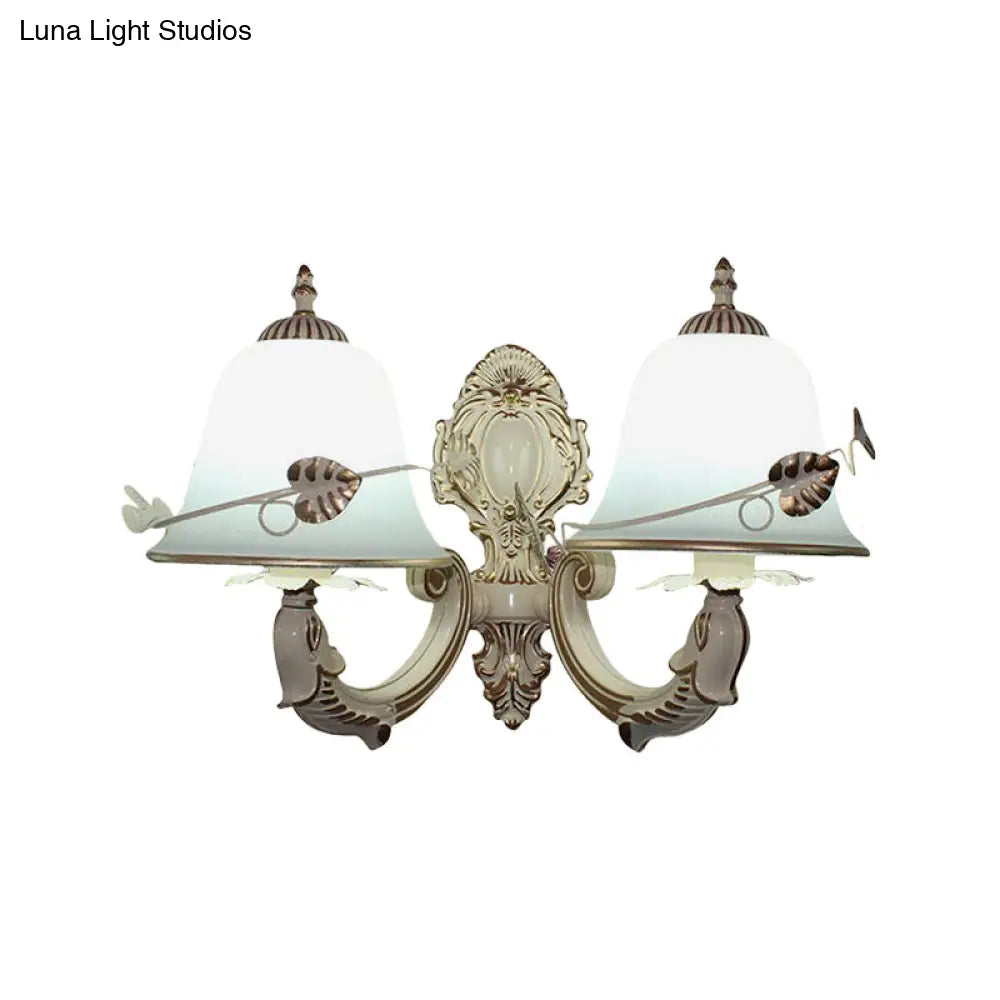 Rustic Distressed White Wall Sconce With Frosted Glass Bell Shade - Perfect For Living Room