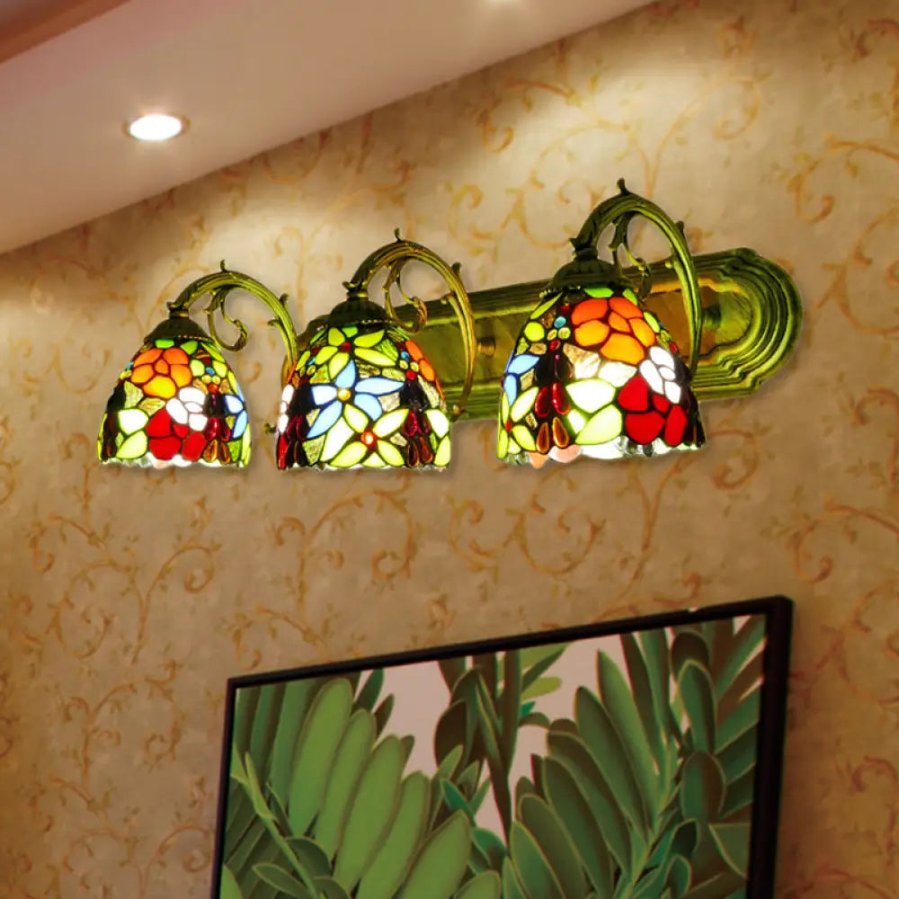 Rustic Dome Wall Sconce Stained Glass Lighting With Colorful Flower Pattern - 3 Lights Antique Brass