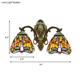 Rustic Dragonfly Wall Lamp Stained Glass - Tiffany Style 2 Bulbs Orange Sconce For Coffee Shop