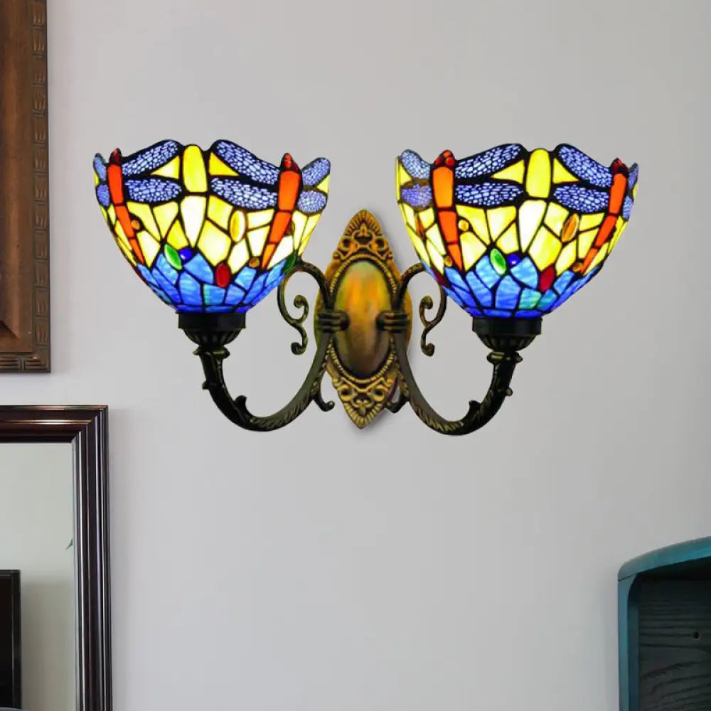 Rustic Dragonfly Wall Light - Vintage 2-Light Stained Glass Fixture In Brass Indoor Lighting