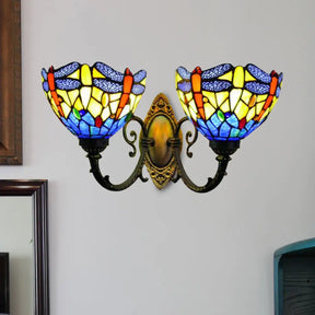 Rustic Dragonfly Wall Light - Vintage 2-Light Stained Glass Fixture In Brass Indoor Lighting