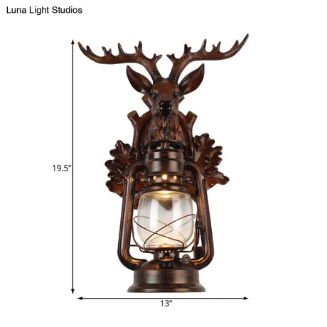 Rustic Elk Backplate Wall Lamp - Flameless Kerosene Sconce With Brown/Bronze Glass