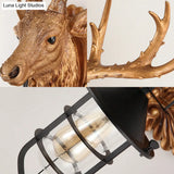 Rustic Elk Head Wall Sconce With Cage - 1-Light Courtyard Lamp Fixture In Brown Resin