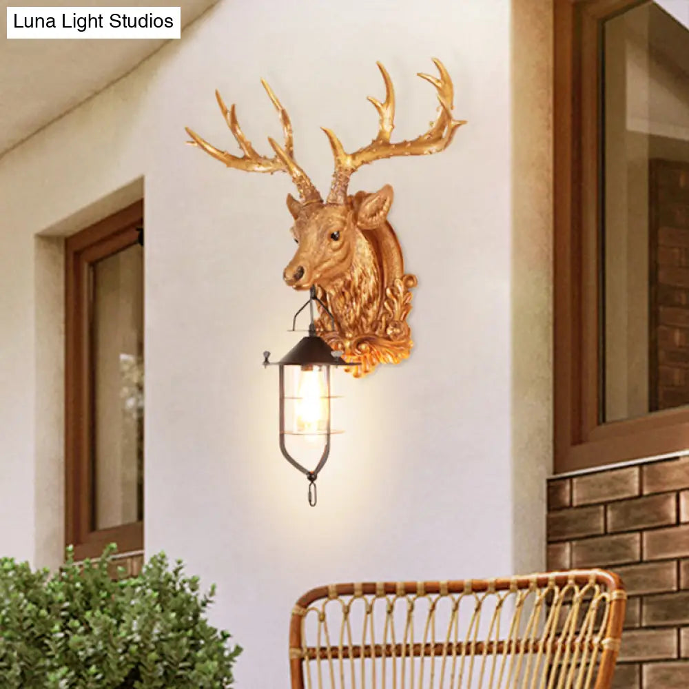 Rustic Elk Head Wall Sconce With Cage - 1-Light Courtyard Lamp Fixture In Brown Resin