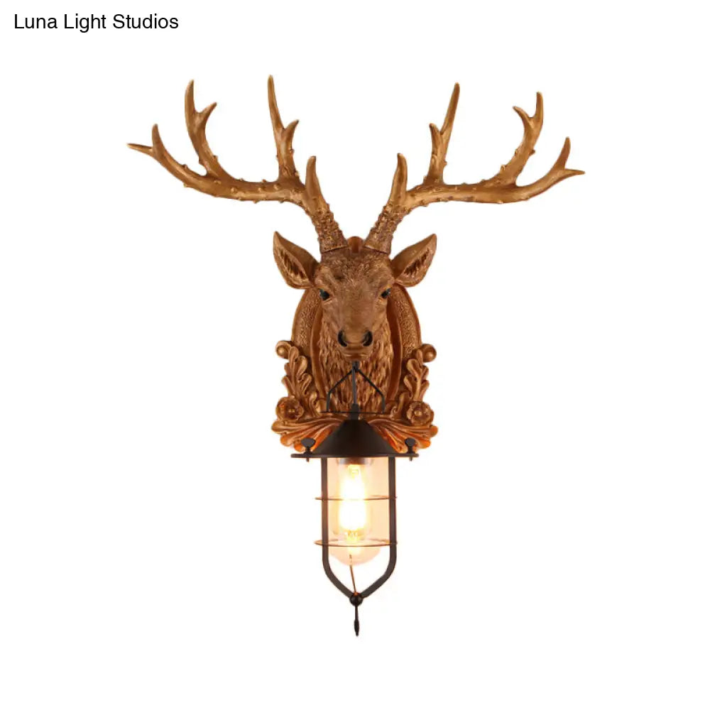 Rustic Elk Head Wall Sconce With Cage - 1-Light Courtyard Lamp Fixture In Brown Resin