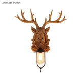 Rustic Elk Head Wall Sconce With Cage - 1-Light Courtyard Lamp Fixture In Brown Resin