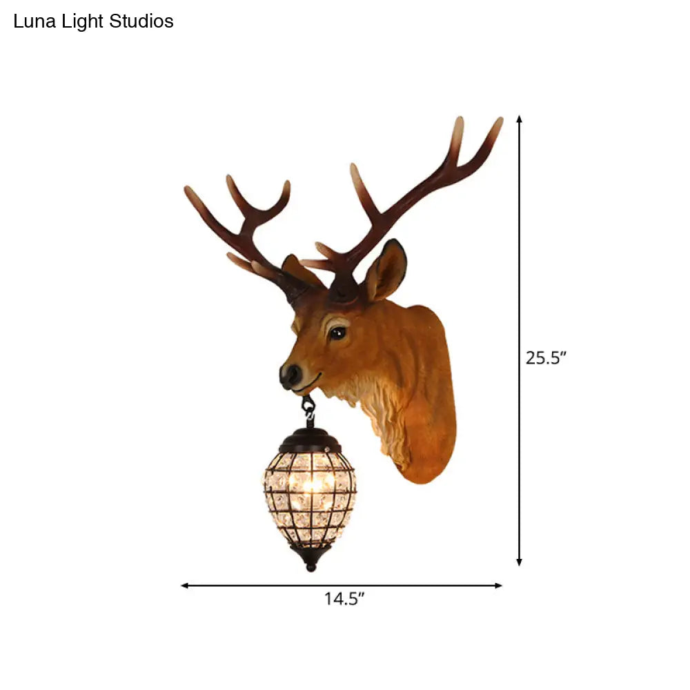 Rustic Elk Resin Wall Sconce Lamp In Brown With Crystal Waterdrop Shade